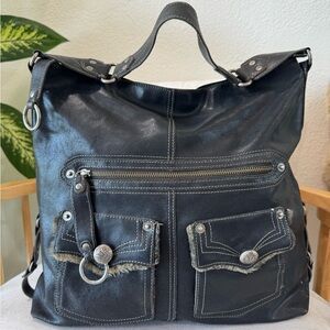 Via Spiga Black Large Tote Hobo Leather Shoulder Bag Purse Flap Sherpa Pockets